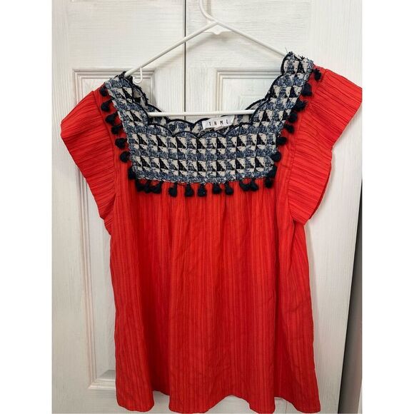 THML Tops - THML Women's Flutter Sleeve Tassel Embroidered Top Coral Red Size Small